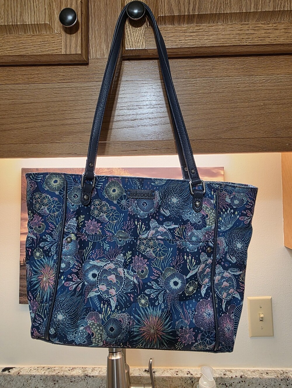Sakroots Teal Blue Floral Tote with Navy Straps Sea Turtles NWOT